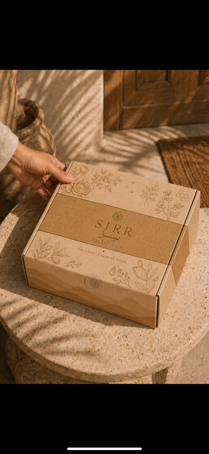 SIRR Desert Skin's botanical kraft packaging in warm sunlight
