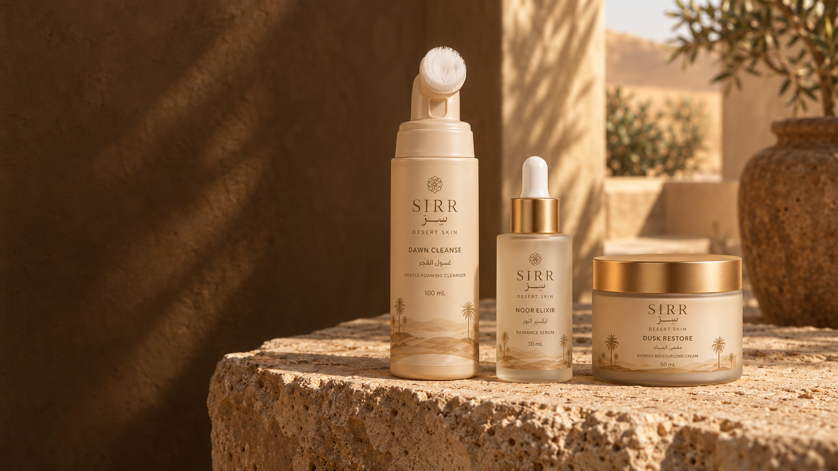 SIRR Desert Skin cleanser, serum, and moisturizer on sunlit travertine in a warm Arabian courtyard