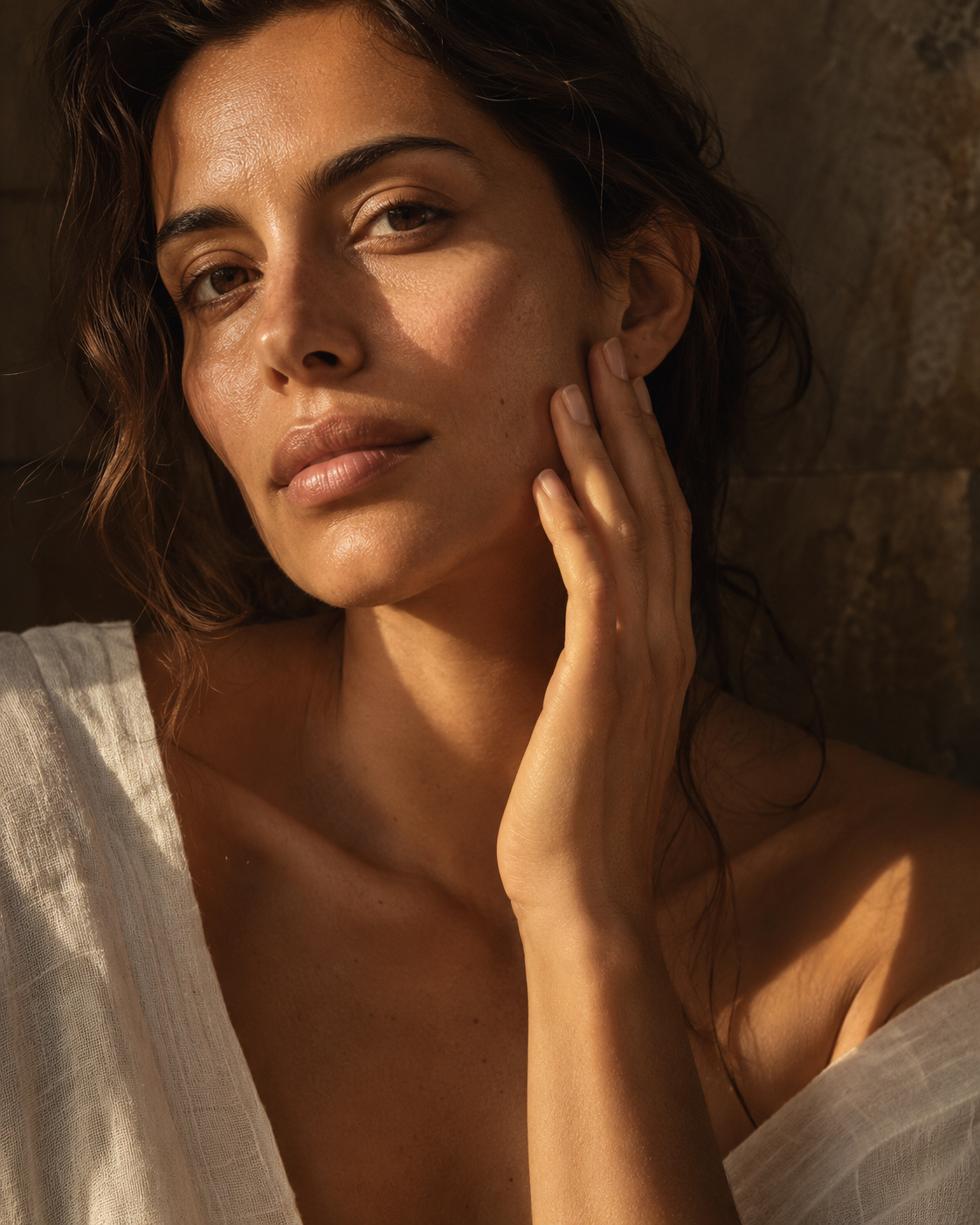 A quiet skincare moment in soft golden light, with natural skin texture and a gentle touch to the cheek